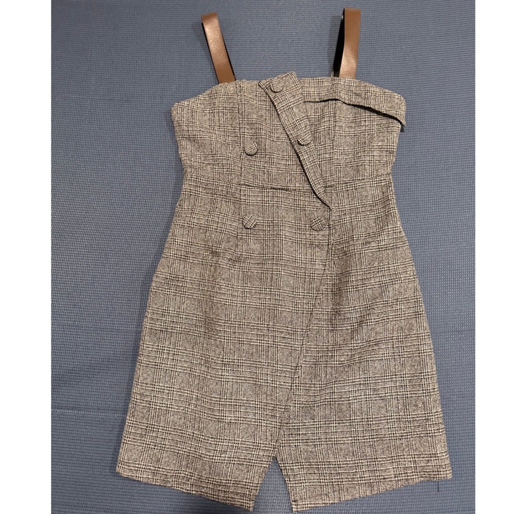 Xiangyzfeiyi Plaid Double Breasted Mini Dress Grey Glen Check Faux Leather Strap
